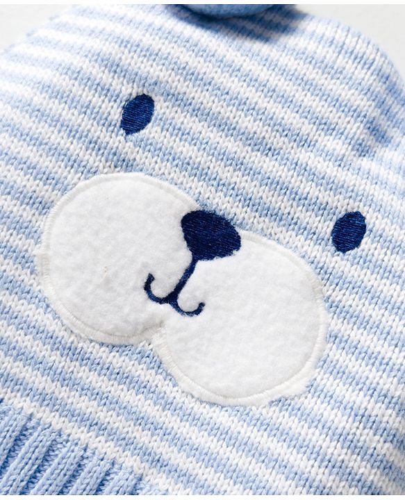 Babyhug Organic Cotton Knit Woollen Cap & Mittens With Teddy & Ear Applique Light Blue & White - Diameter 9 cm