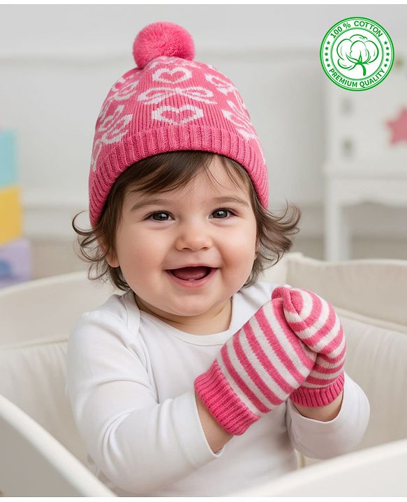 Babyhug Organic Cotton Woollen Knit Cap & Mittens Set with Stripe Bow & Hearts Design Pink - Diameter 17 cm