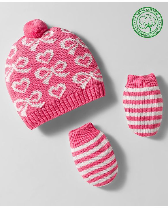 Babyhug Organic Cotton Woollen Knit Cap & Mittens Set with Stripe Bow & Hearts Design Pink - Diameter 17 cm