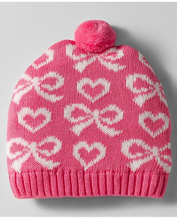 Babyhug Organic Cotton Woollen Knit Cap & Mittens Set with Stripe Bow & Hearts Design Pink - Diameter 17 cm