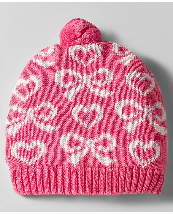 Babyhug Organic Cotton Woollen Knit Cap & Mittens Set with Stripe Bow & Hearts Design Pink - Diameter 17 cm