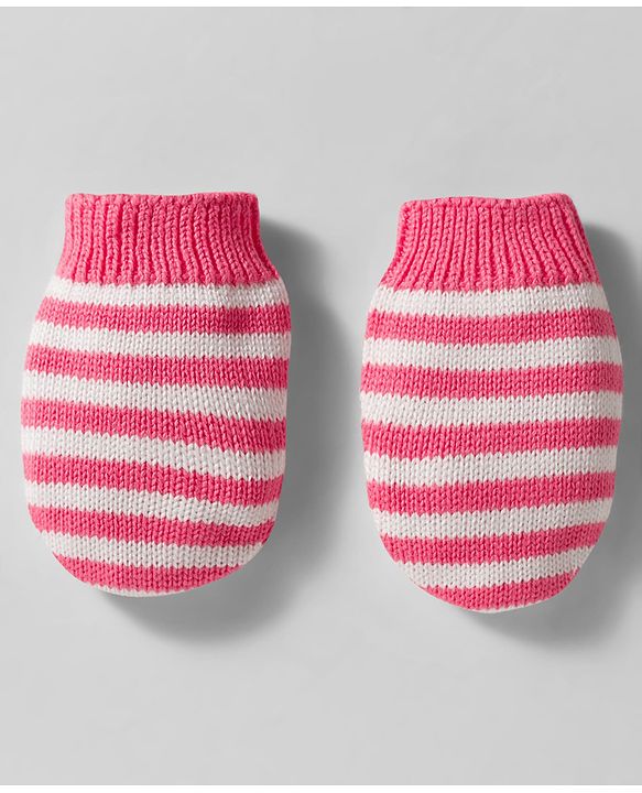 Babyhug Organic Cotton Woollen Knit Cap & Mittens Set with Stripe Bow & Hearts Design Pink - Diameter 17 cm