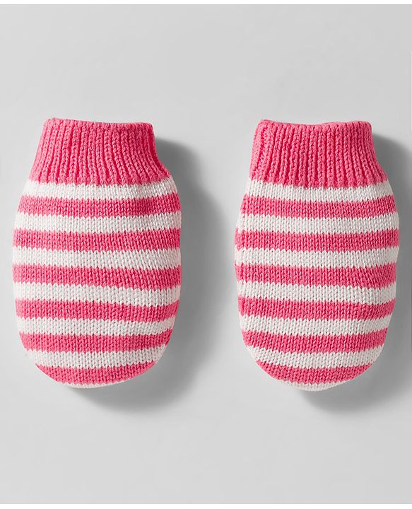 Babyhug Organic Cotton Woollen Knit Cap & Mittens Set with Stripe Bow & Hearts Design Pink - Diameter 17 cm