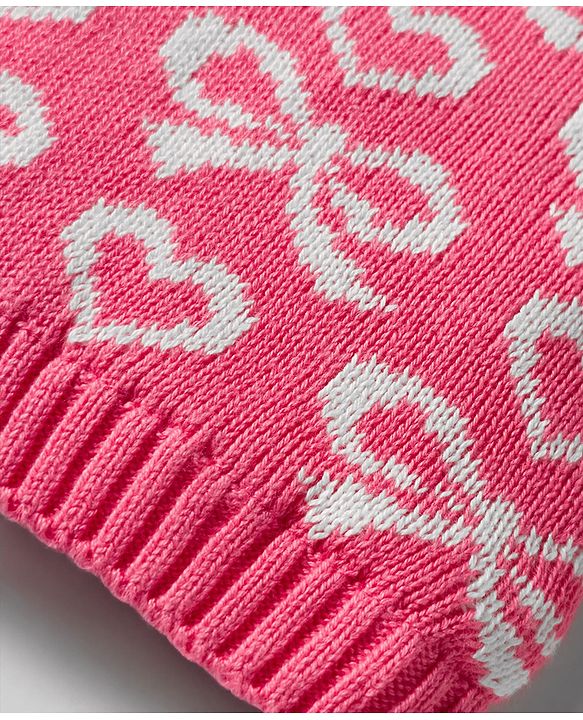 Babyhug Organic Cotton Woollen Knit Cap & Mittens Set with Stripe Bow & Hearts Design Pink - Diameter 17 cm