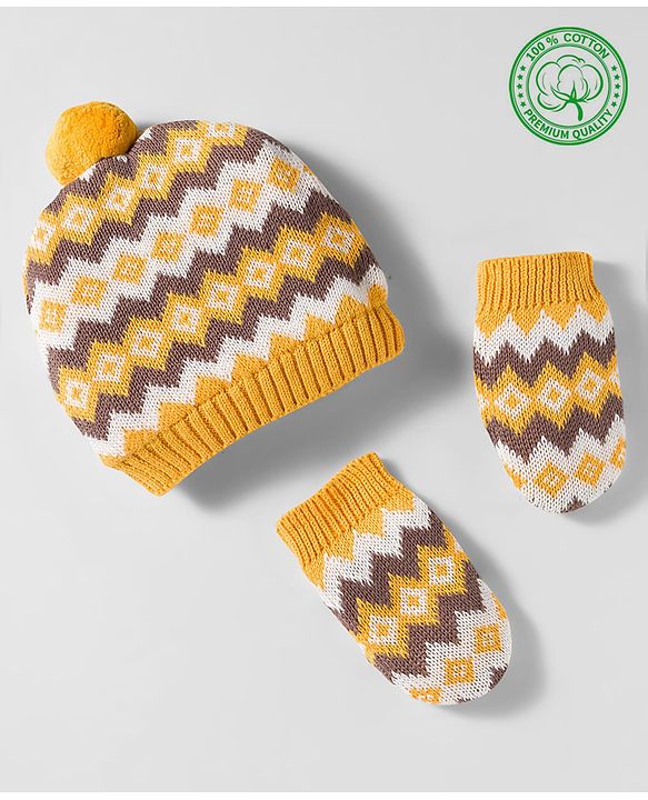 Babyhug Organic Cotton Woollen Knit Cap & Mittens Set with Fair Isle Design Mustard - Diameter 17 cm