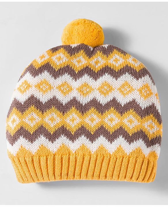 Babyhug Organic Cotton Woollen Knit Cap & Mittens Set with Fair Isle Design Mustard - Diameter 17 cm