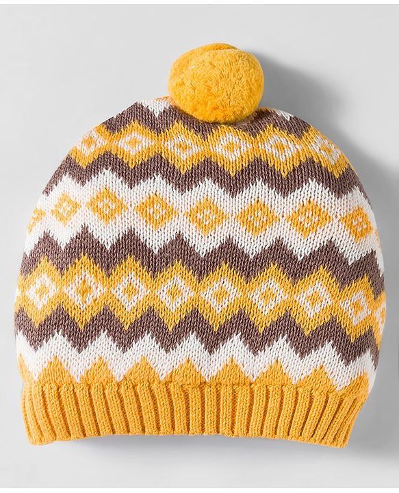 Babyhug Organic Cotton Woollen Knit Cap & Mittens Set with Fair Isle Design Mustard - Diameter 17 cm