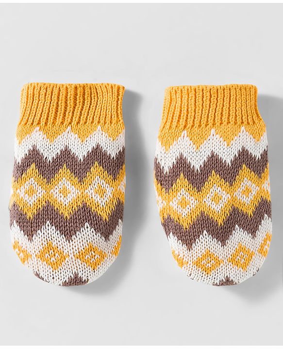 Babyhug Organic Cotton Woollen Knit Cap & Mittens Set with Fair Isle Design Mustard - Diameter 17 cm