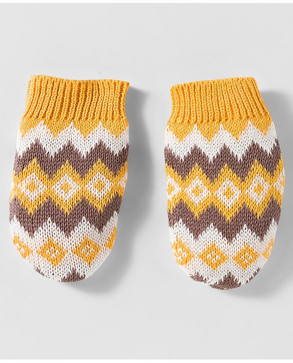 Babyhug Organic Cotton Woollen Knit Cap & Mittens Set with Fair Isle Design Mustard - Diameter 17 cm