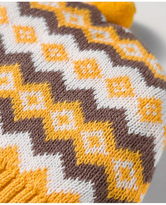 Babyhug Organic Cotton Woollen Knit Cap & Mittens Set with Fair Isle Design Mustard - Diameter 17 cm