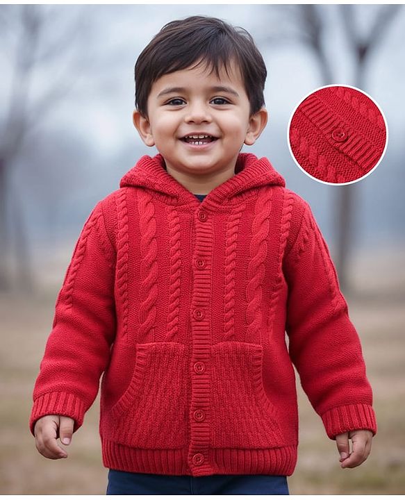 Babyhug Knit Full Sleeves Hooded Front Open Sweater with Cable Knit Design - Red