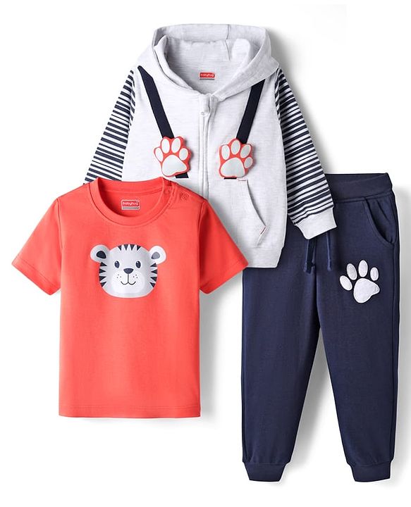 Babyhug Terry Knit Full Sleeves Hooded Front Zipper Jacket T-Shirt & Joggers with Animal Print - Red Navy Blue & White