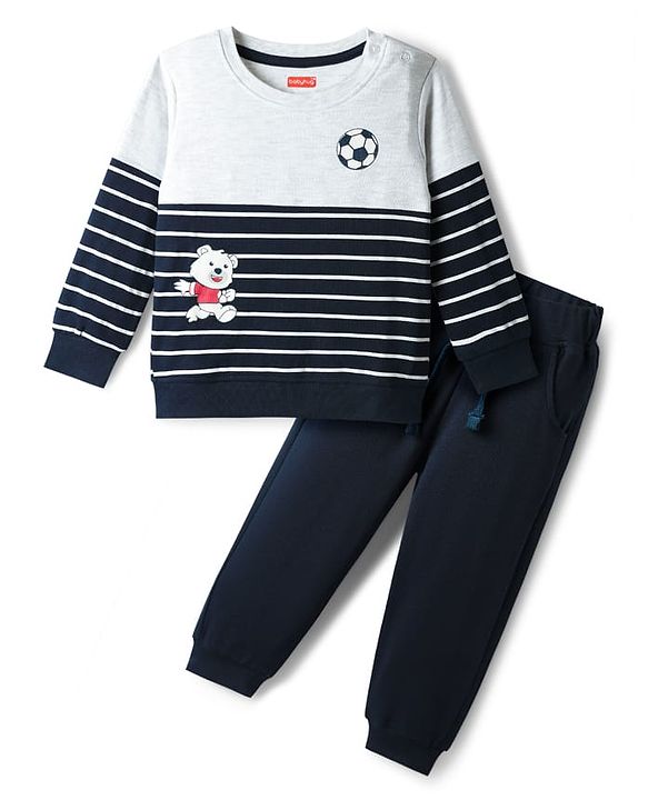 Babyhug Interlock Knit Full Sleeves Striped T-Shirt & Lounge Pant Set with Bear Print - Navy Blue