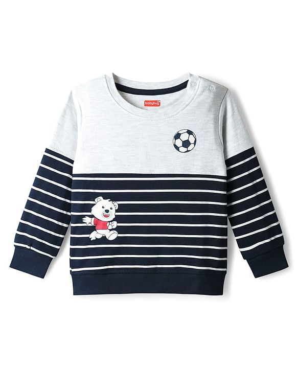Babyhug Interlock Knit Full Sleeves Striped T-Shirt & Lounge Pant Set with Bear Print - Navy Blue