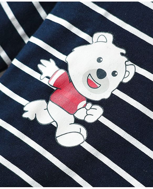 Babyhug Interlock Knit Full Sleeves Striped T-Shirt & Lounge Pant Set with Bear Print - Navy Blue