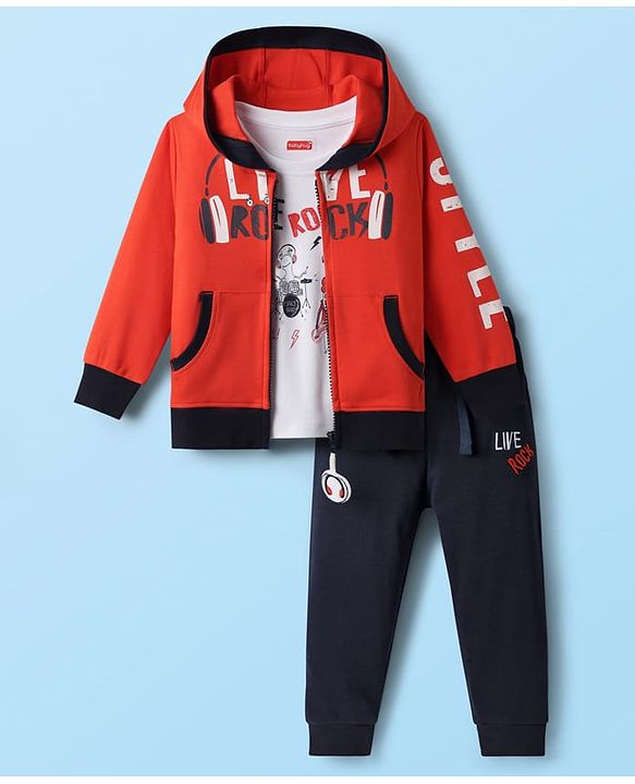 Babyhug Terry Knit Full Sleeves Hooded Front Zipper Jacket T-Shirt & Joggers with Live Rock Text Print - Red & White