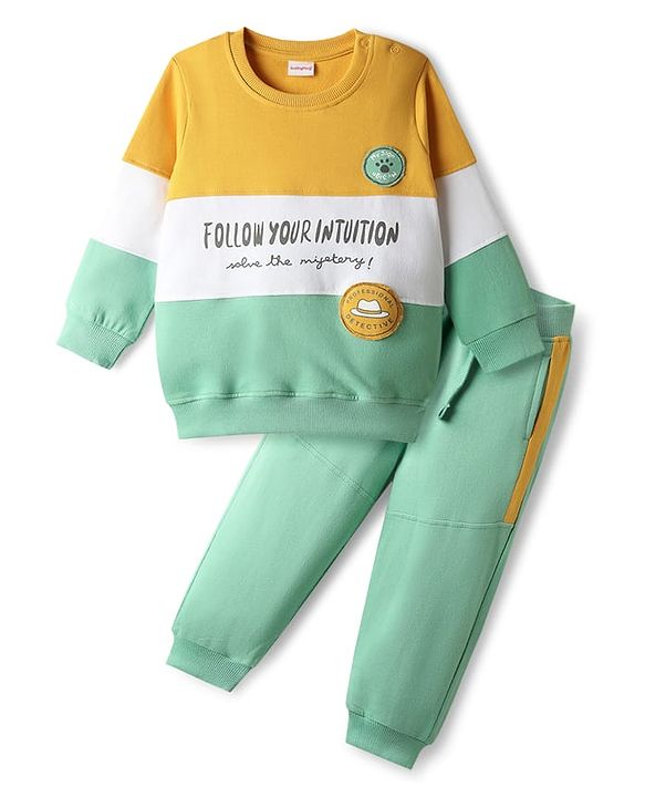 Babyhug Terry Knit Full Sleeves T-Shirt & Lounge Pant Set With Text Print - Multicolor
