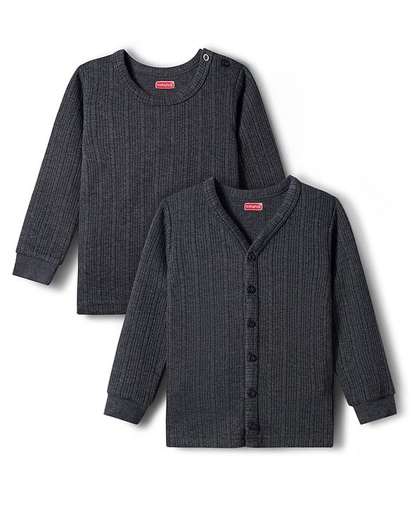 Babyhug Knit Full Sleeves Solid Pullover & Front Open Thermal Vests Pack of 2 - Charcoal Grey