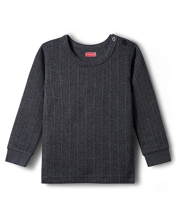 Babyhug Knit Full Sleeves Solid Pullover & Front Open Thermal Vests Pack of 2 - Charcoal Grey