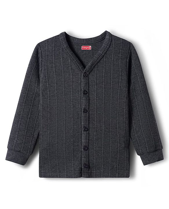 Babyhug Knit Full Sleeves Solid Pullover & Front Open Thermal Vests Pack of 2 - Charcoal Grey