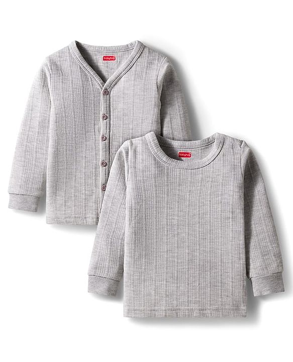 Babyhug Knit Full Sleeves Solid Color Pullover & Front Open Vest - Light Grey