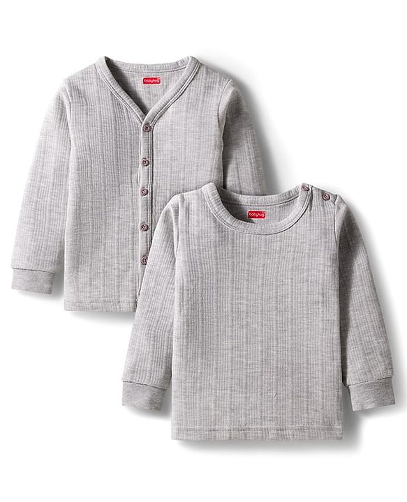 Babyhug Knit Full Sleeves Solid Color Pullover & Front Open Vest - Light Grey