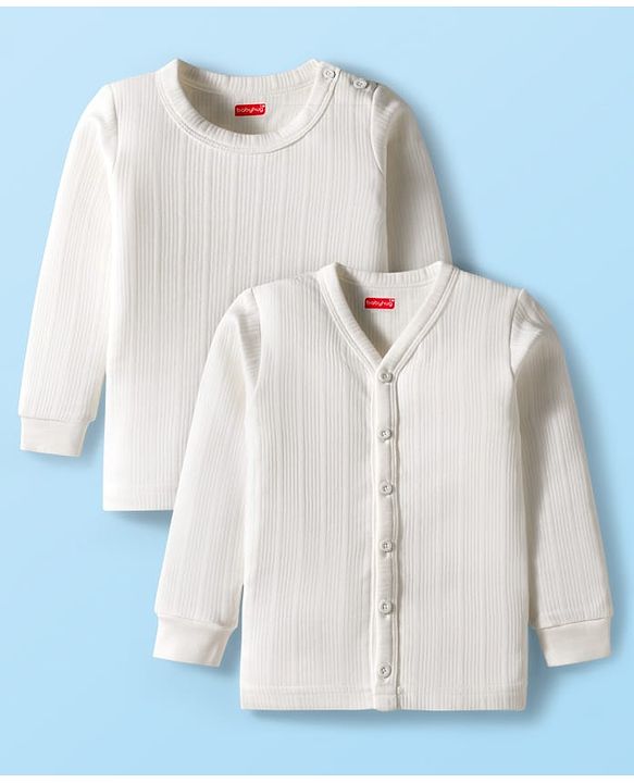 Babyhug Knit Full Sleeves Solid Color Front Open & Pullover Thermal Inner Wear Vests Pack of 2 - Offwhite