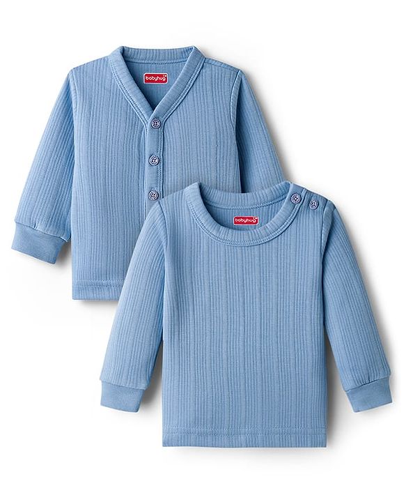 Babyhug Knit Full Sleeves Solid Color Pullover & Front Open Thermal Inner Wear Pack of 2 - Light Blue