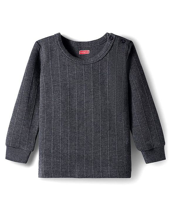 Babyhug Knit Full Sleeves Solid Color Pullover & Sleeveless Thermal Vests & Pant Set - Charcoal Grey