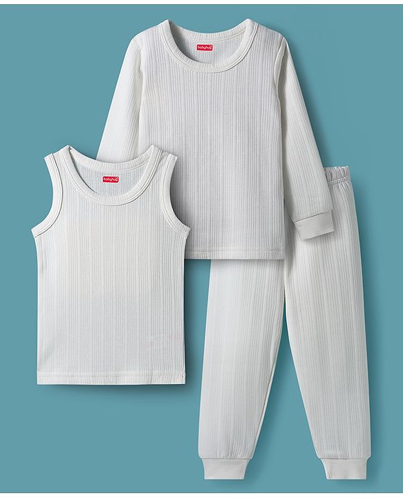 Babyhug Knit Full Sleeves Solid Color Pullover & Sleeveless Thermal Vests & Pant Set - Offwhite