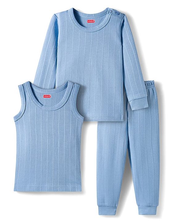 Babyhug Knit Full Sleeves Solid Color Pullover & Sleeveless Thermal Vests & Pant Set - Blue