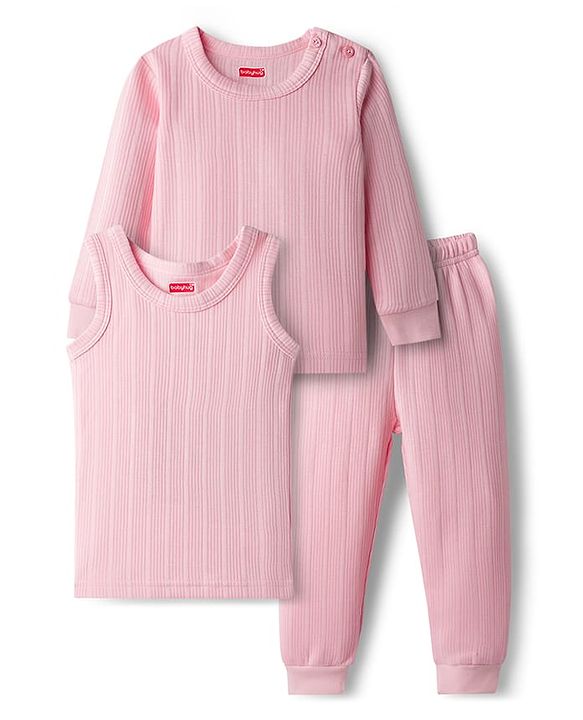 Babyhug Knit Full Sleeves Solid Color Pullover & Sleeveless Thermal Vest & Pant Set - Pink