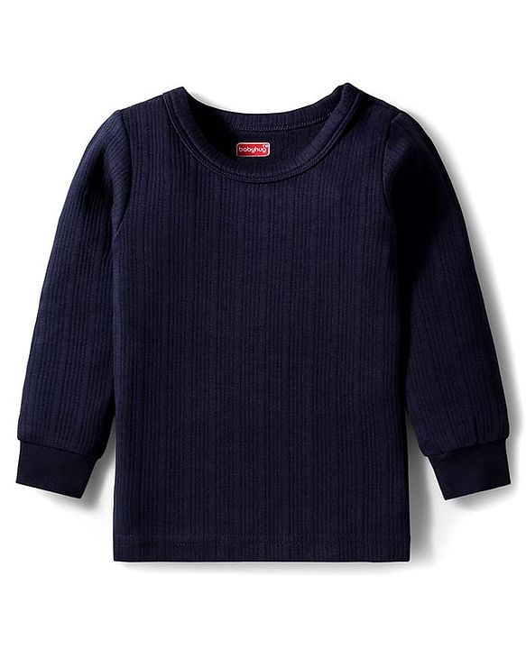 Babyhug Knit Full Sleeves Solid Color Pullover Thermal Inner Wear Set - Navy Blue