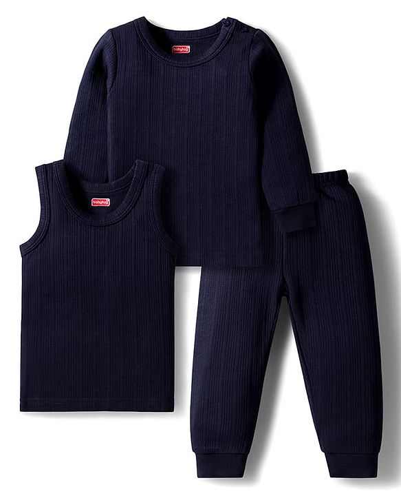 Babyhug Knit Full Sleeves Solid Color Pullover Thermal Inner Wear Set - Navy Blue