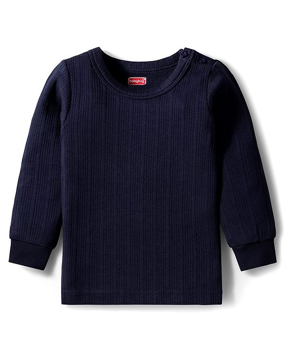 Babyhug Knit Full Sleeves Solid Color Pullover Thermal Inner Wear Set - Navy Blue