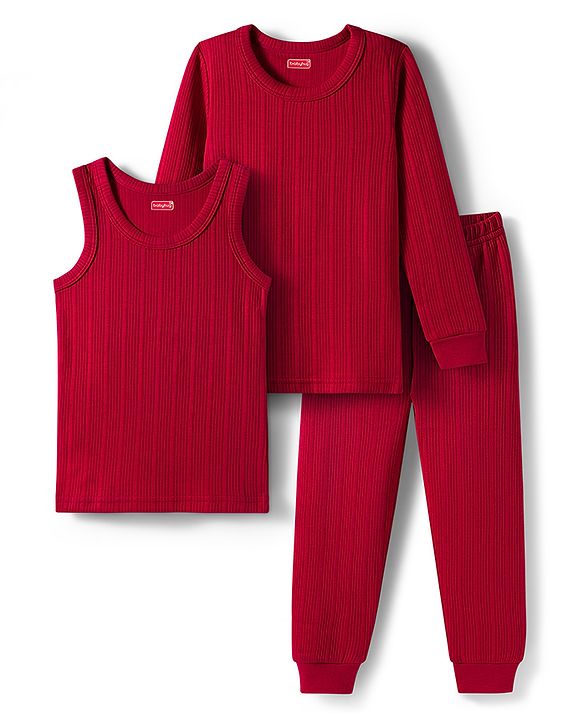 Babyhug Knit Solid Coloured Thermal Set With Vest - Red