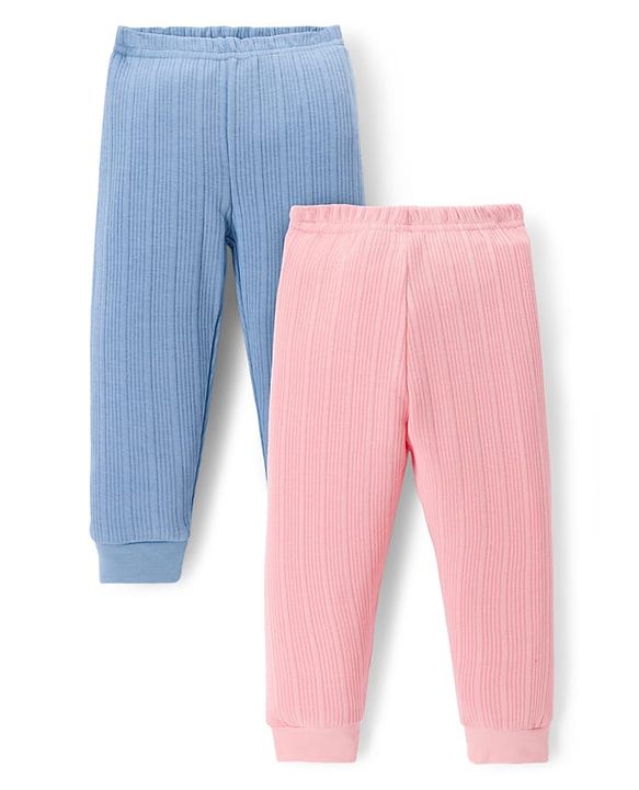 Babyhug Knit Full Length Solid Colour Thermal Inner Wear Leggings Pack Of 2 - Pink & Light Blue