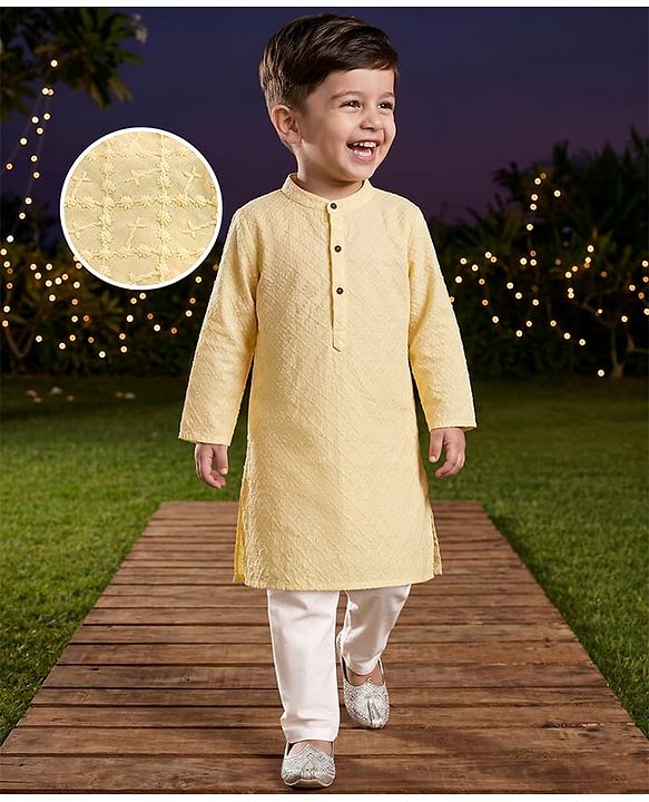 Babyhug Cotton Woven Full Sleeves Kurta Pyjama Set with Embroidery - Yellow & White