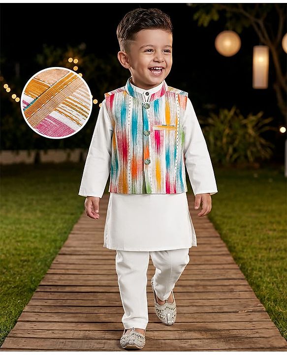Babyhug Cotton Woven Full Sleeves Solid Kurta Pyjama Set with Printed Jacket - White