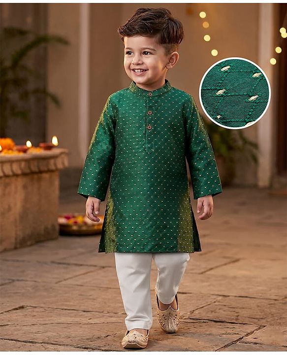 Babyhug Cotton Woven Full Sleeves Foil Print Kurta & Pyjama Set - Dark Green
