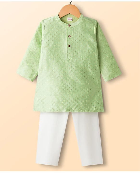 Babyhug Cotton Woven Full Sleeves Embroidered Kurta Pajama Set - Light Green