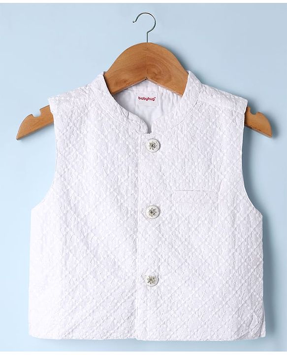 Babyhug Cotton Woven Full Sleeves Kurta Pajama Set With Embroidered Jacket - White