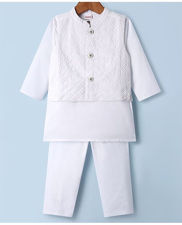 Babyhug Cotton Woven Full Sleeves Kurta Pajama Set With Embroidered Jacket - White
