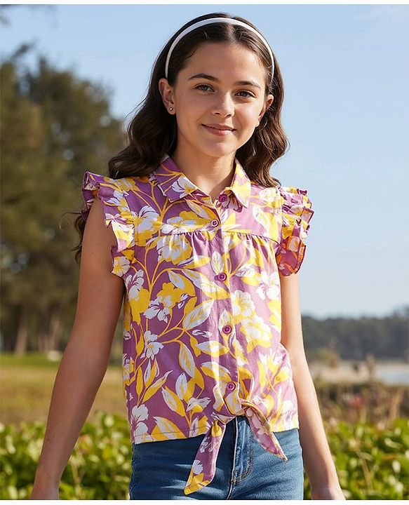 Pine Kids Sleeveless Floral Printed Top With Collar Neck - Pink
