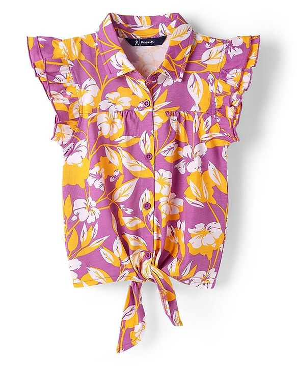 Pine Kids Sleeveless Floral Printed Top With Collar Neck - Pink