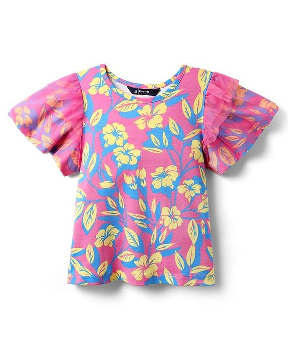 Pine Kids Cotton Knit Half Flutter Sleeves Top with Floral Print - Pink