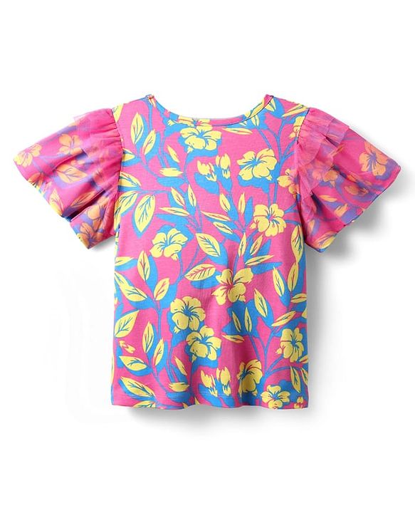 Pine Kids Cotton Knit Half Flutter Sleeves Top with Floral Print - Pink