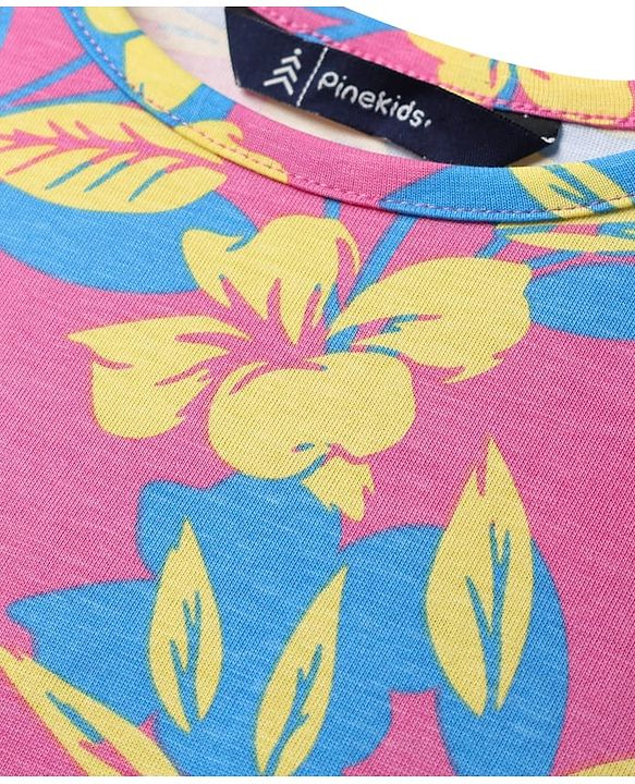 Pine Kids Cotton Knit Half Flutter Sleeves Top with Floral Print - Pink