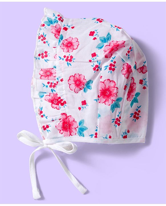 Babyhug 100% Cotton Cambric Woven Cap With Floral Print White Light Blue & Pink Pack Of 3 - Diameter 16.5 cm