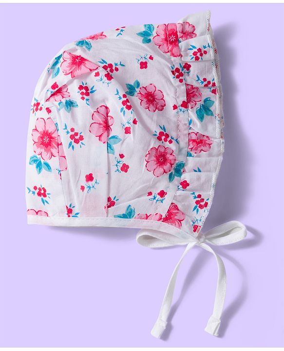 Babyhug 100% Cotton Cambric Woven Cap With Floral Print White Light Blue & Pink Pack Of 3 - Diameter 16.5 cm